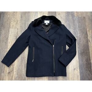 HM Navy Blue Wool Blend Moto Jacket Faux Fur Collar Coat Womens Size 6 0187982 8